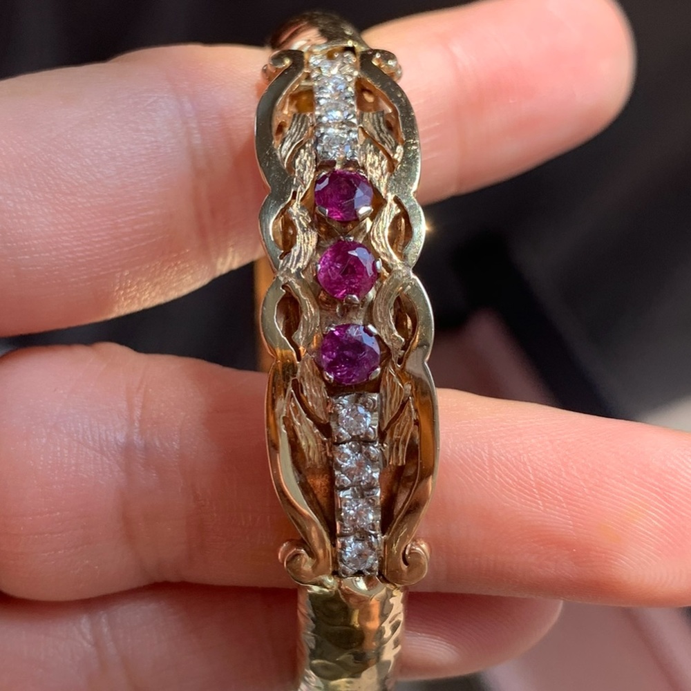 14k Natural Ruby and Diamond Bangle - Picture 1 of 10